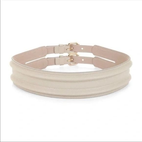 BCBGMAXAZRIA Double Buckle Faux Leather Statement Waist Belt Size M Beige Cream - Picture 2 of 9